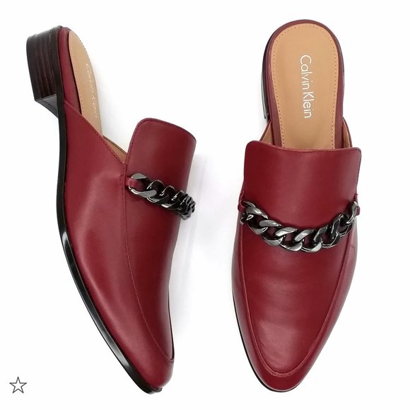Calvin Klein Shoes - Calvin Klein Frieda Mule In Cherry Red Leather Metallic Chain Detail